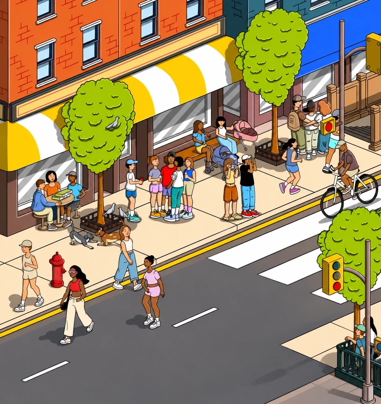 Illustrated city neighborhood with friends meeting, walking, running and cycling