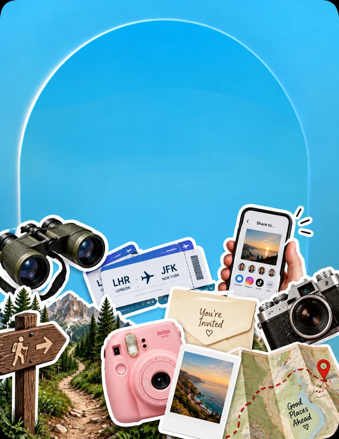 Blue invitation collage with a handwritten invitation envelope, cameras, tickets and a travel map